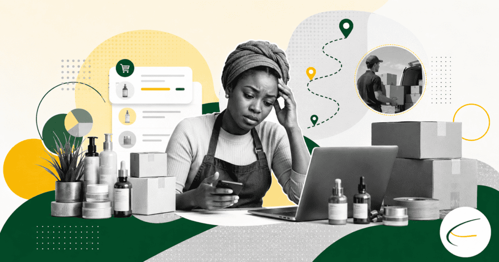 Skincare vendor managing customer orders, packages, and delivery stress for a growing business.